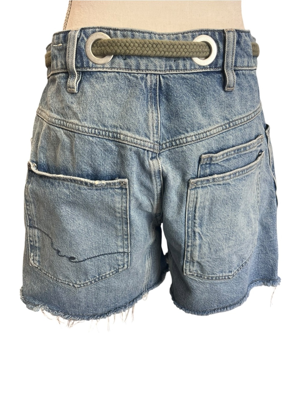 We The Free Light Blue Denim High Waist Shorts with Olive Rope Belt - Picture 5 of 9